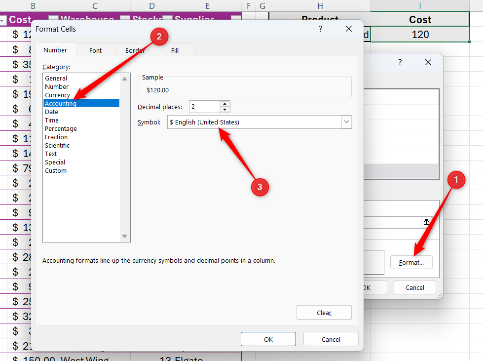 Excel の[セルの書式設定]ダイアログ ボックスで[Accounting]が選択され、記号として USD が選択されています。