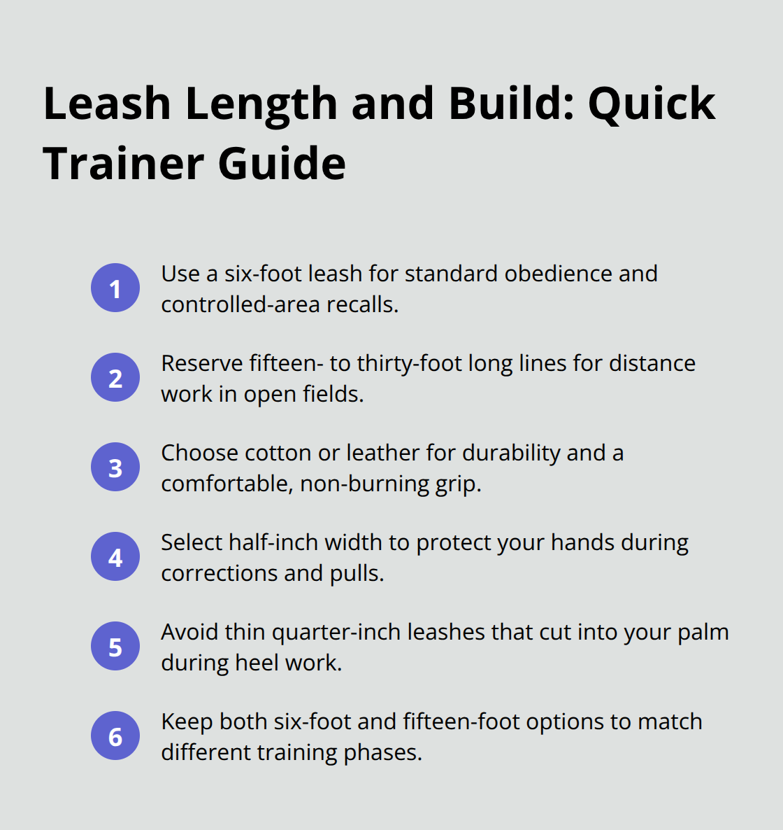 服従訓練のためのリードの長さ、素材、幅の推奨事項をまとめたコンパクトなリスト