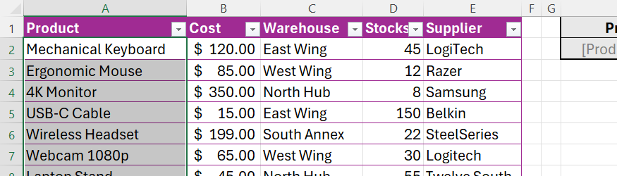 Product 列が選択された Excel の在庫表。