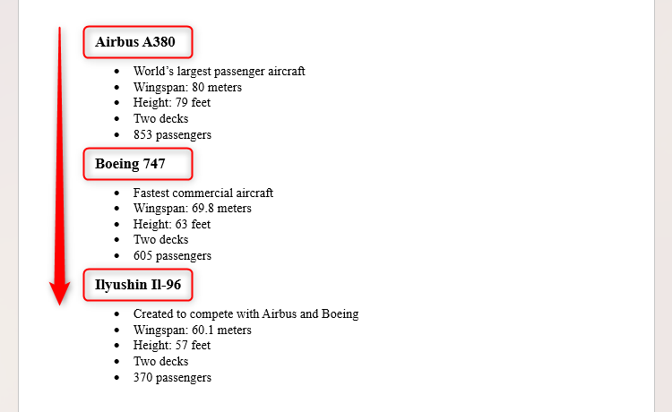 Microsoft Word の見出しはアルファベット順に並べられています。