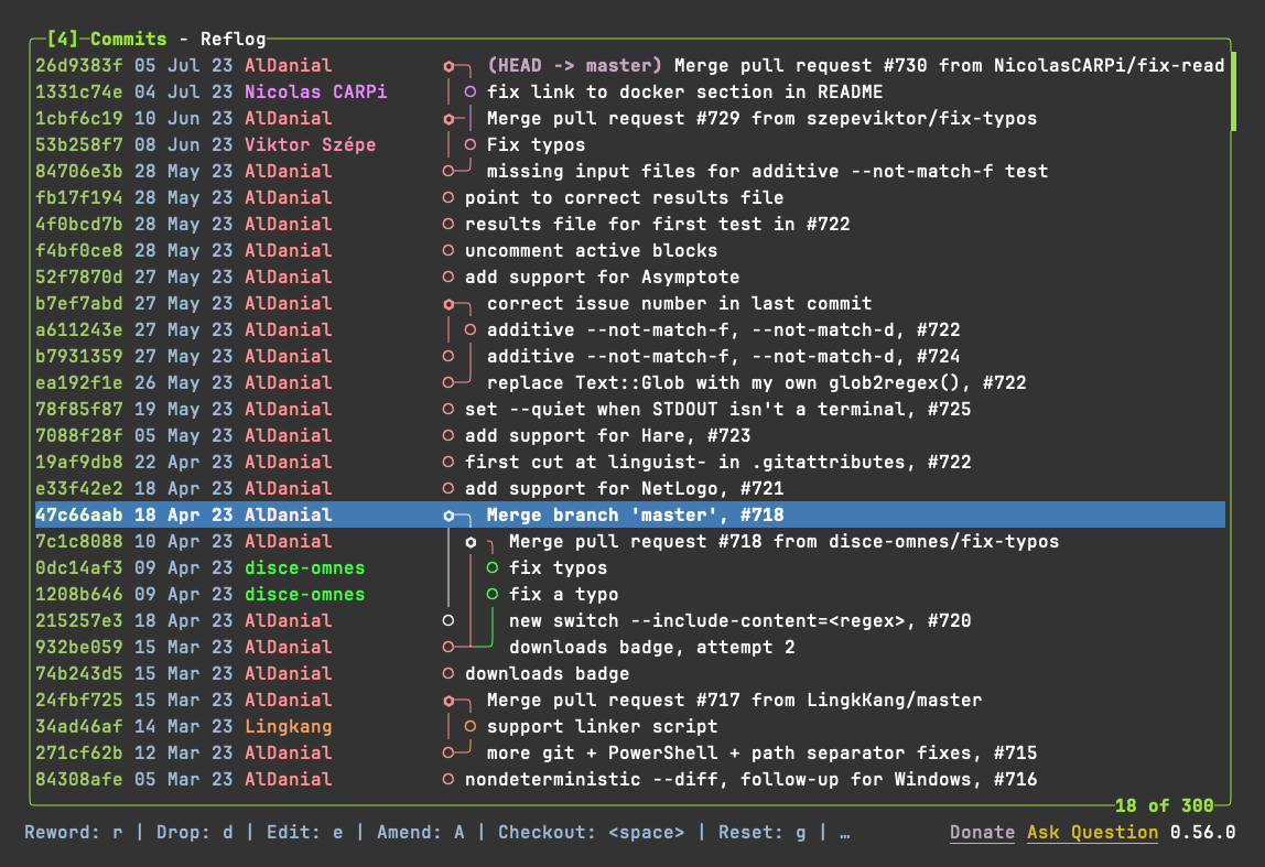 ID、日付、作成者を含むコミットの長いリストと、その後にコミット グラフとメッセージが続きます。
