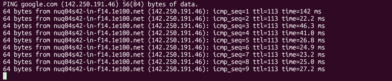 google.com の WSL を使用した ping コマンドの戻り時間。