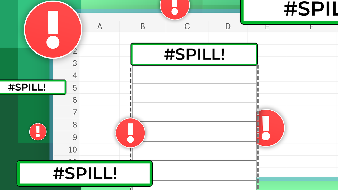スプレッドシートに複数の #SPILL が埋め込まれています! Excel の動的配列数式の問題を表すエラーと赤い感嘆符アイコン。-1