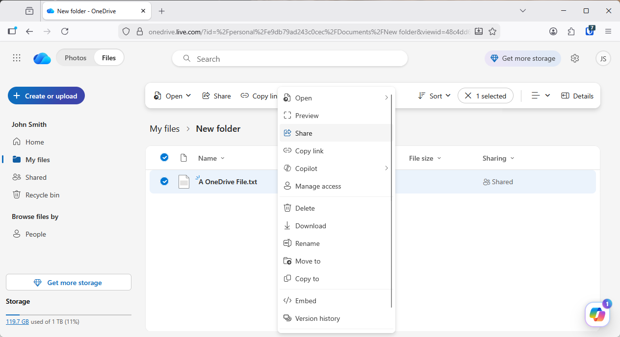 共有ボタンを使用して OneDrive から共有する