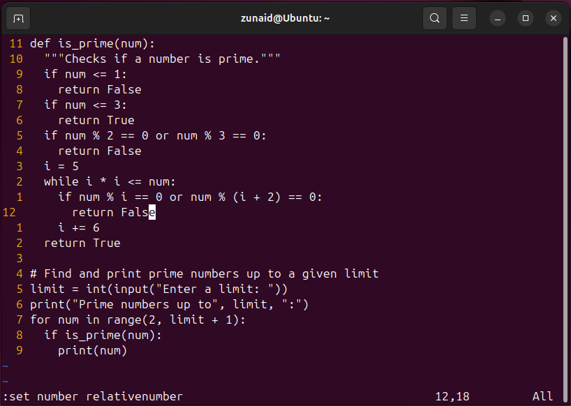 Vim のテキストはハイブリッド番号付けスキームで表示されます。