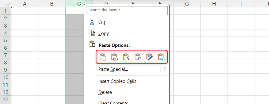 Excel の右クリック メニューにある[貼り付けオプション]アイコン。