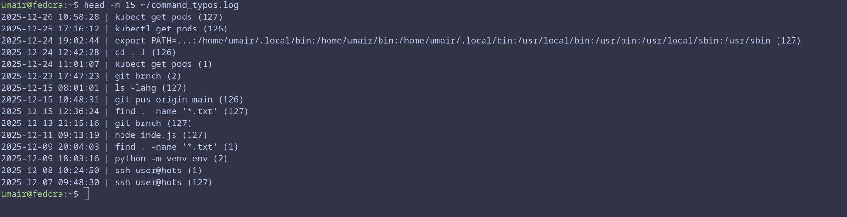 コマンドタイプミススクリプトのログ