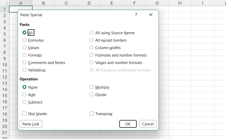 Microsoft Excel の[形式を選択して貼り付け]ダイアログ ボックス。