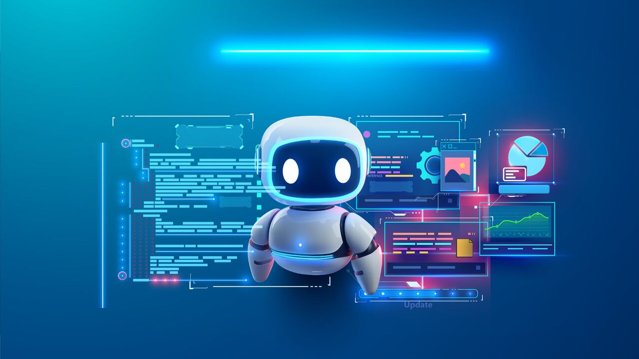 青色の背景にデジタル データ インターフェイスと対話する未来的なロボット。