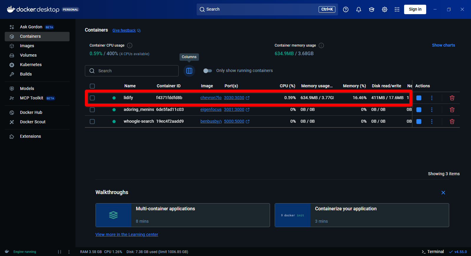 Lidify コンテナを実行している Docker デスクトップ。