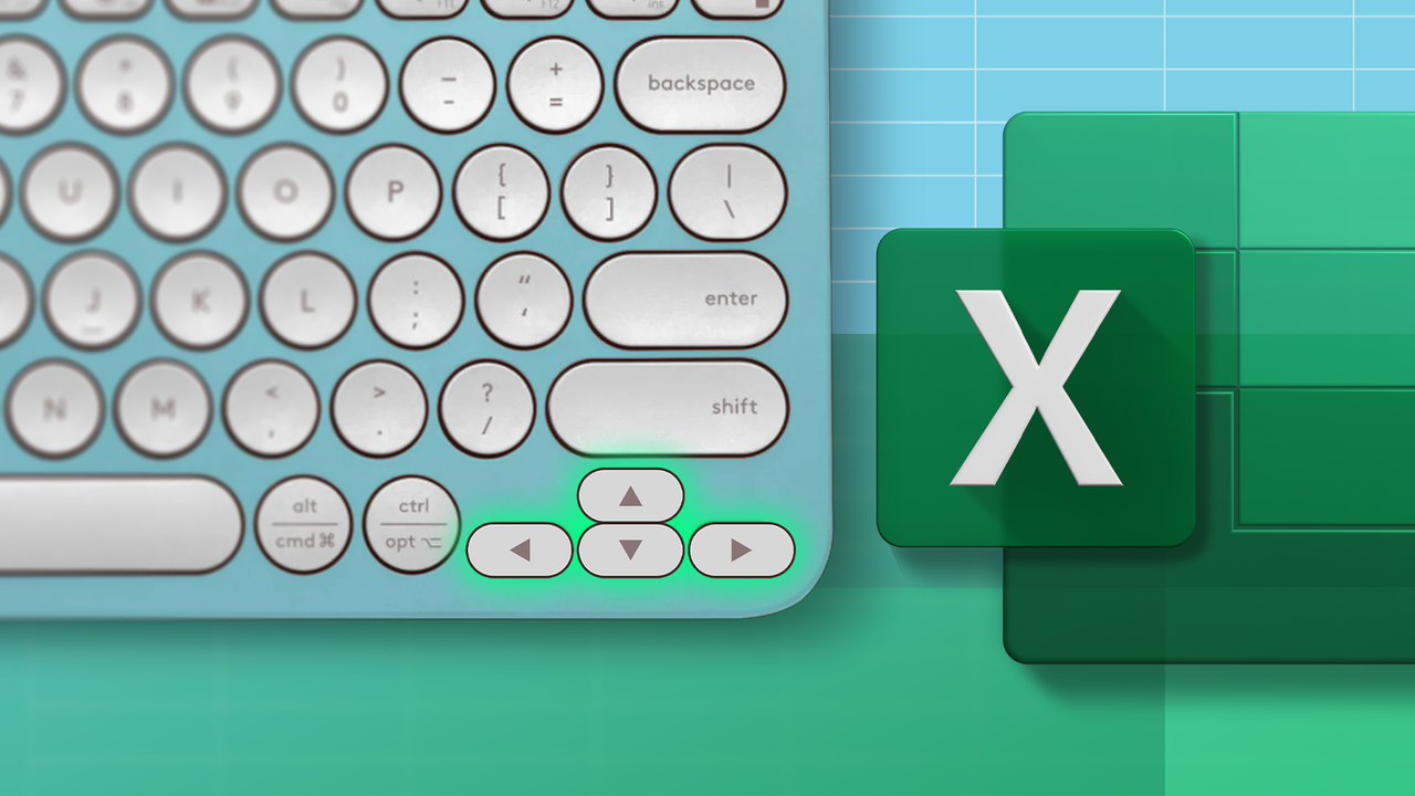 Microsoft Excel ロゴの横にある矢印キーが緑色で強調表示されているキーボードの拡大図。 (1)