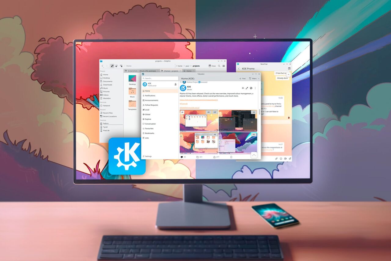 いくつかの Plasma ウィンドウを備えた机の下のデスクトップと、背景に明るい部分と暗い部分に分かれたデフォルトの Plasma 壁紙。