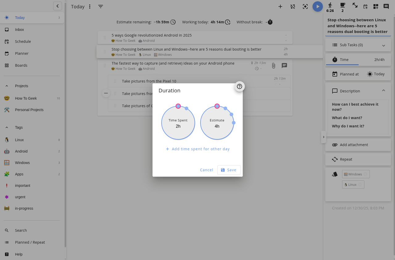 Super Productivity アプリでタスクの推定時間を設定します。