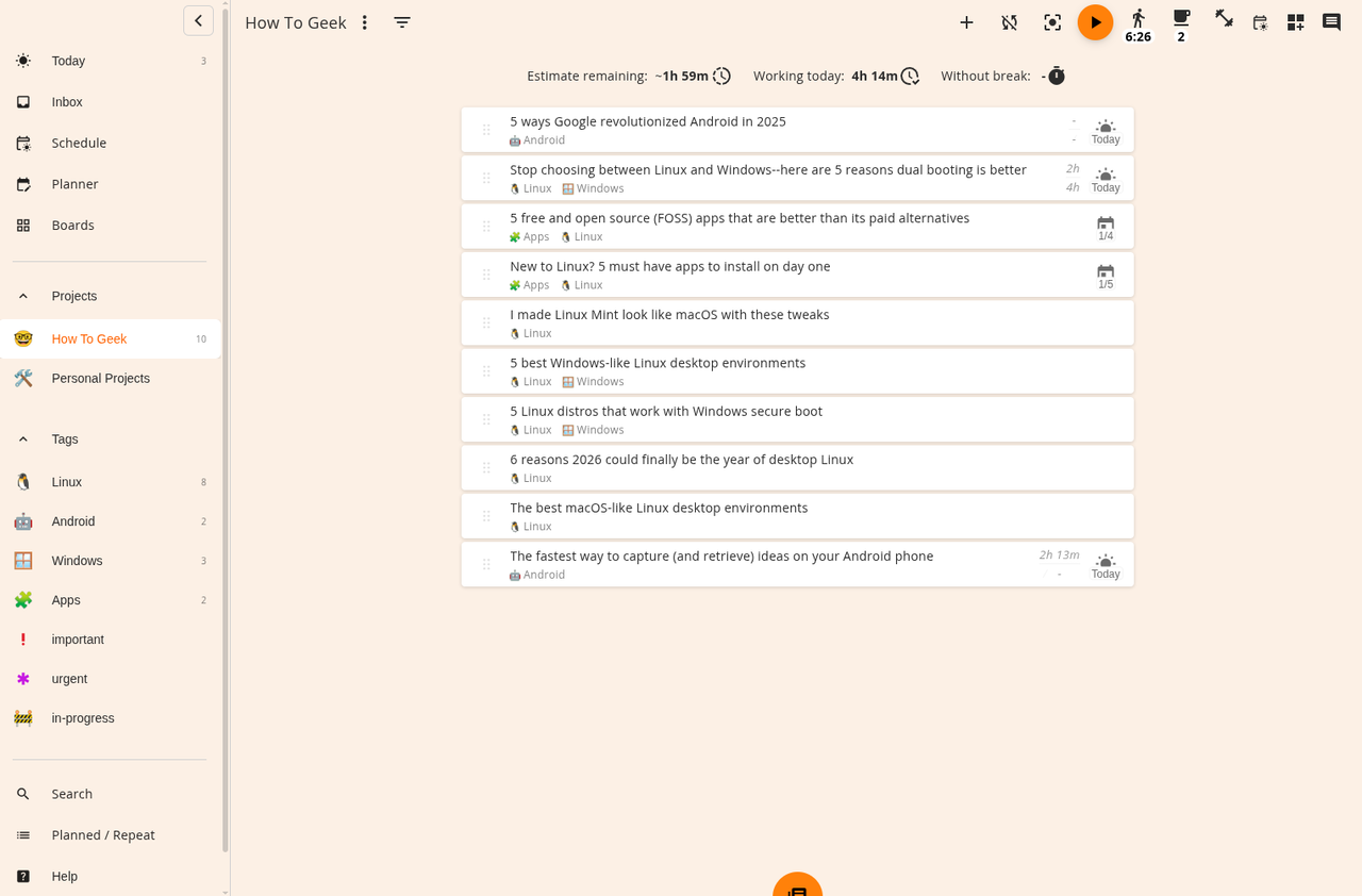 Super Productivity アプリ内の How To Geek プロジェクトのすべてのタスクを表示します。