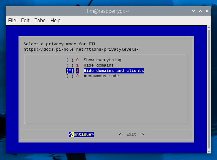 Pi-hole のセットアップ中にプライバシー レベルを選択します。