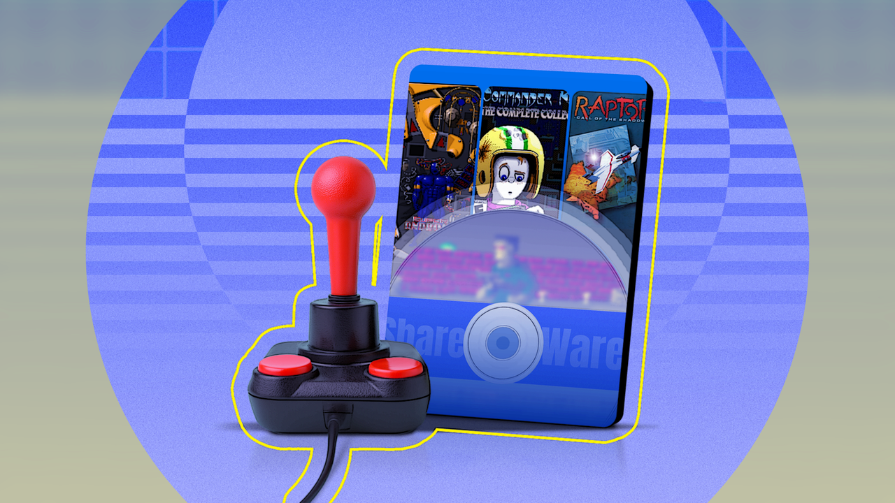 カバーの横に赤いボタンが付いたレトロなスタイルのジョイスティック。クラシックなシェアウェア ゲームのコンピレーションが収録されています。