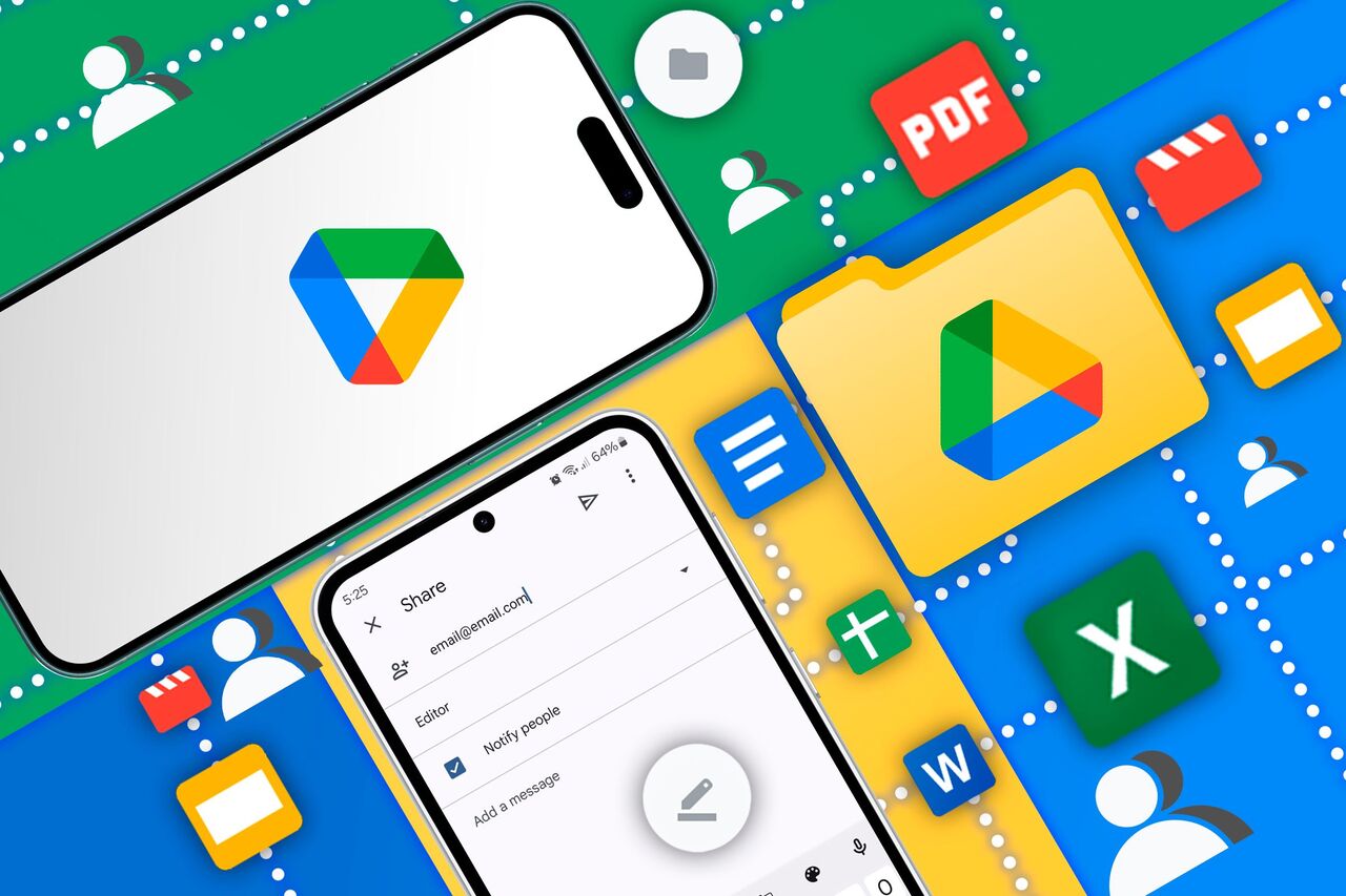 iPhone には Google ドライブのロゴが表示され、Android にはフォルダ共有画面が表示され、その横にドライブのロゴといくつかの Google Workspace アイコンが表示されます。