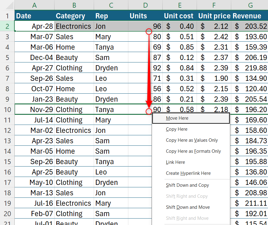 Microsoft Excel の右クリックしてドラッグするコンテキスト メニュー。