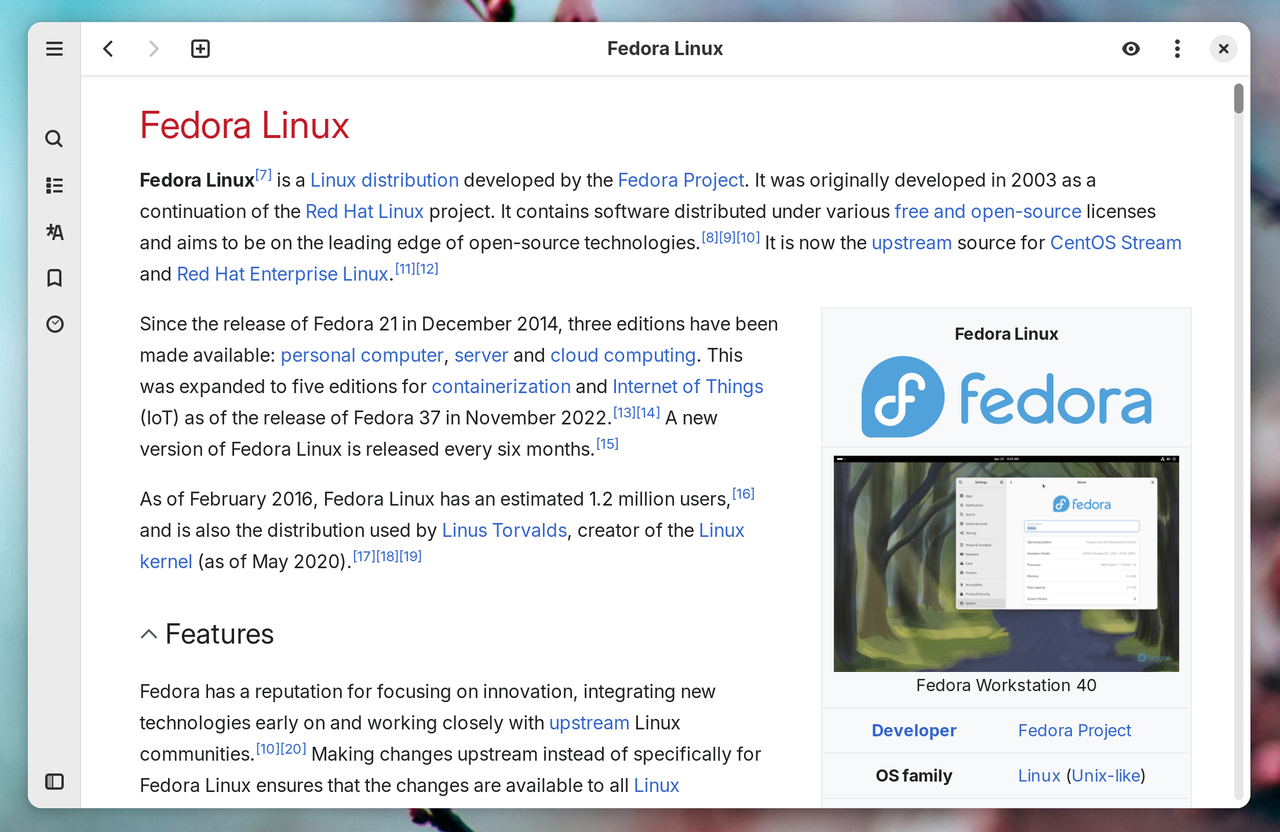 Linux 上の Wike アプリの Fedora Linux Wikipedia ページ。