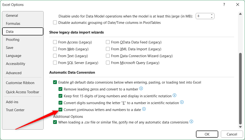[Excel オプション]ダイアログの[連続文字と数字を日付に変換]オプション。
