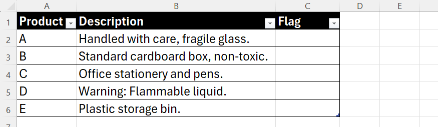 A 列に製品、B 列に説明、C 列に空の「フラグ」列がある Excel 表。