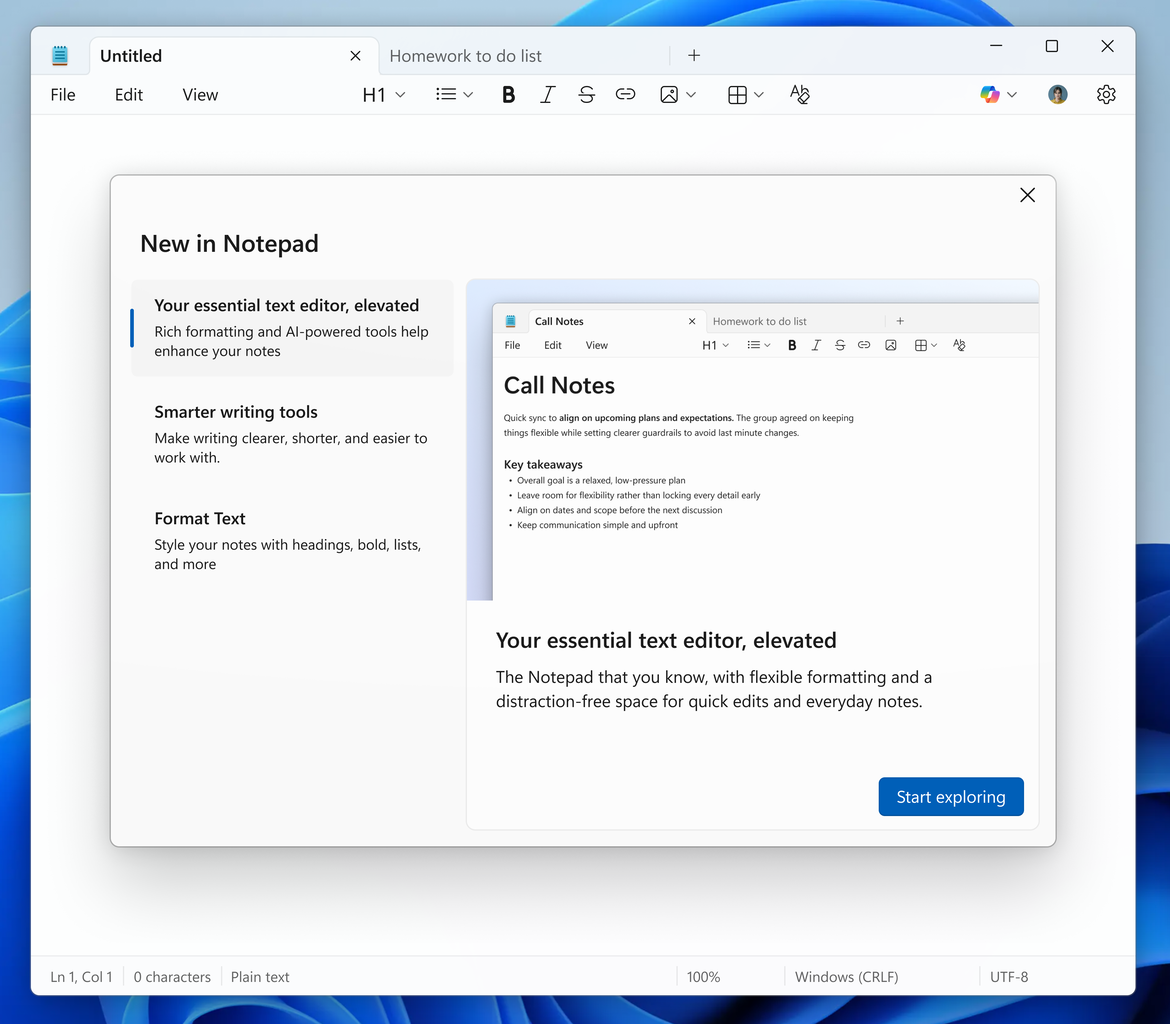 Microsoft はまた、AI 書き込みモードや Markdown サポートなどの新機能を説明するウェルカム ページを Notepad に追加します。ブログ投稿では、「このダイアログは、メモ帳でできることの簡単な概要を提供し、新規ユーザーと復帰ユーザーの両方にとって役立つ出発点として機能します。ツールバーの右上隅にあるメガホン アイコンをクリックすると、いつでもダイアログを閉じて、後で再度開くことができます。」と説明しています。