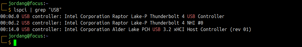 USB 用語の grep フィルタリングにパイプされた lspci コマンドの出力を示す Linux ターミナル。