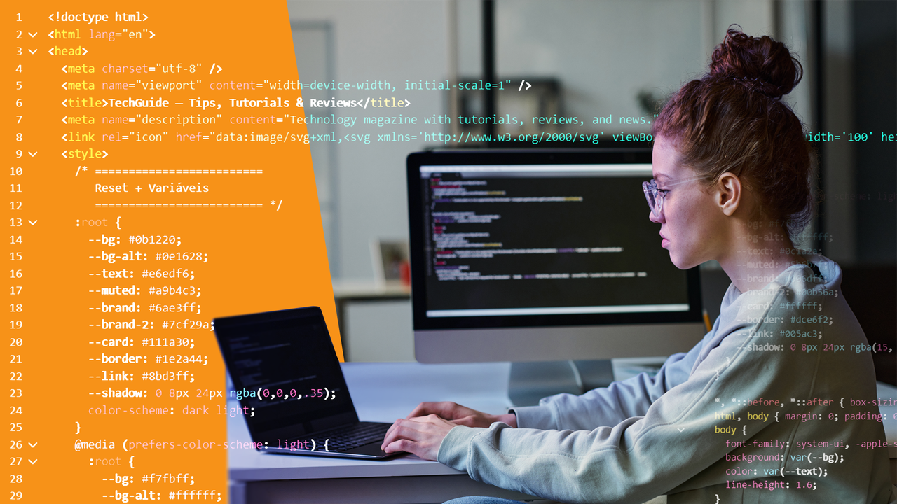 ラップトップでコーディングしている女性。右側に HTML と CSS コード パネルがあり、その上に半透明のコードが表示されています。