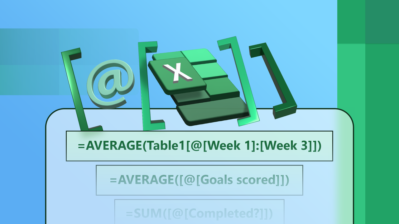 角括弧と @ 記号で囲まれた Excel ロゴを特徴とする図と、二重角括弧を使用した数式の例。