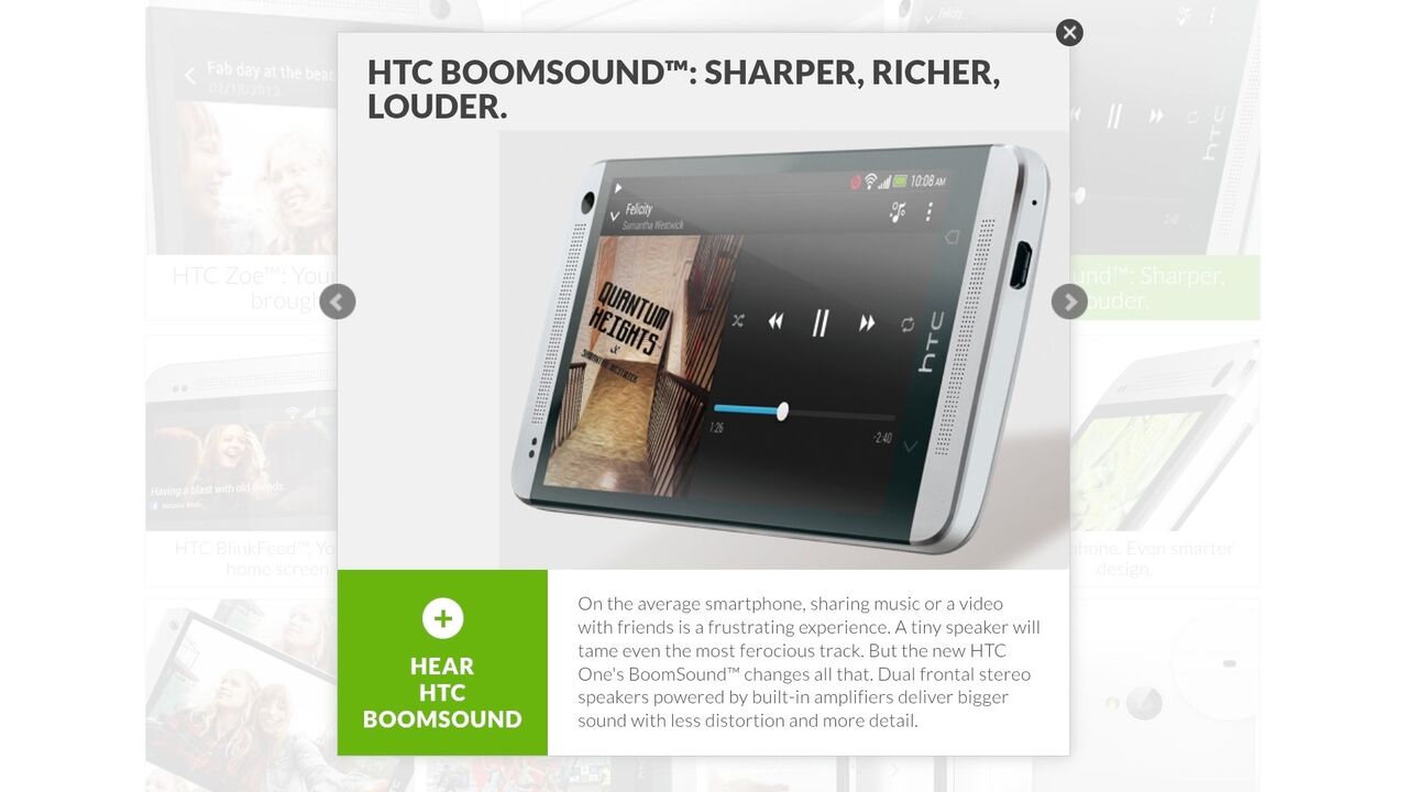 2014 年に HTC One M7 Web サイトで宣伝された HTC Boomsound 機能