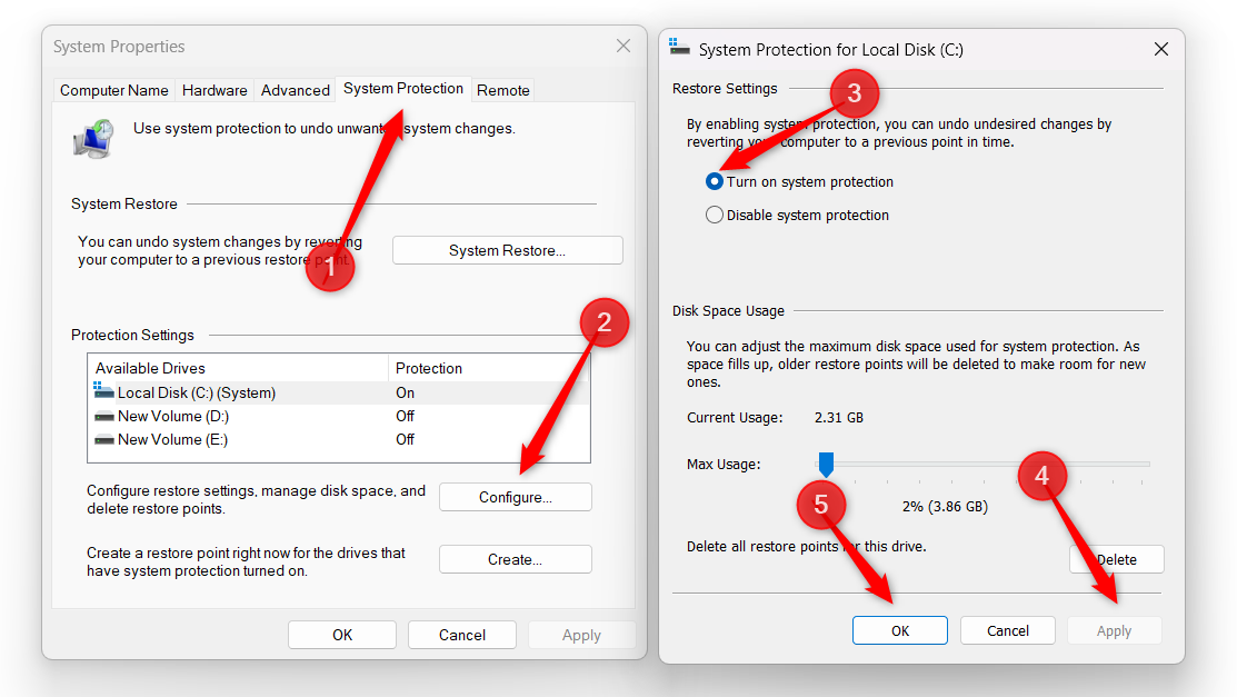 「システムのプロパティ」ウィンドウでシステム保護機能をオンにします。
