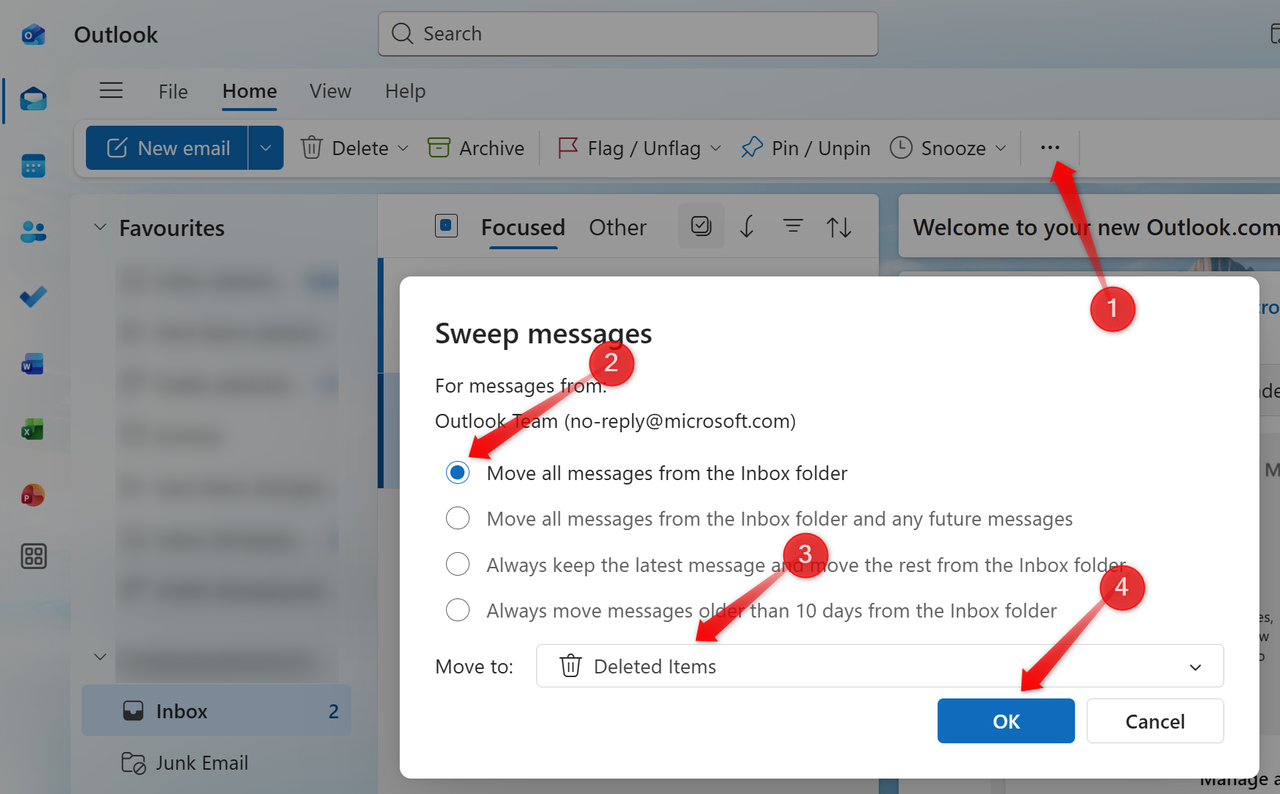 Outlook アプリのスイープ ツールを使用します。