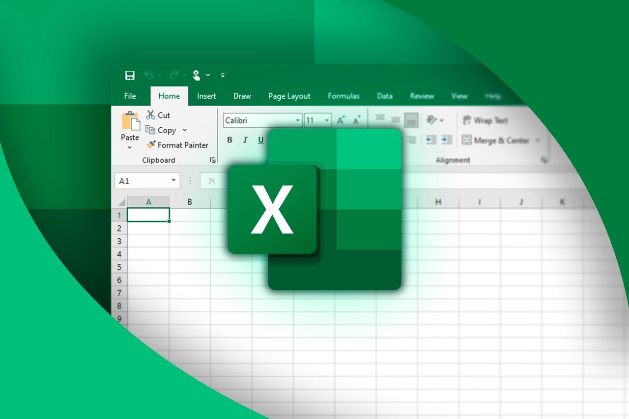 背景に Excel スプレッドシート、前面に Excel ロゴが表示されます。 