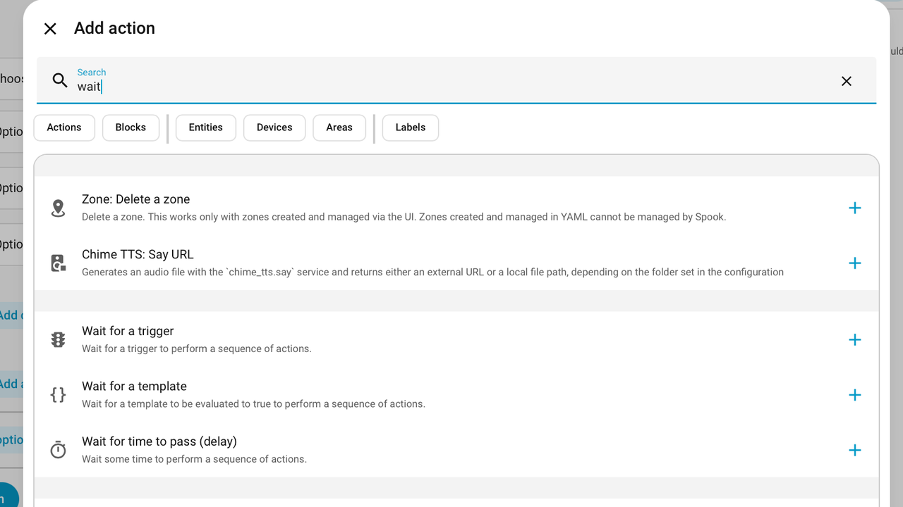 ホーム アシスタントのオートメーション エディターの待機アクション。