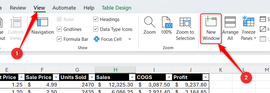 Excel のリボンの[表示]タブの[ウィンドウ]グループにある[新しいウィンドウ]アイコン。
