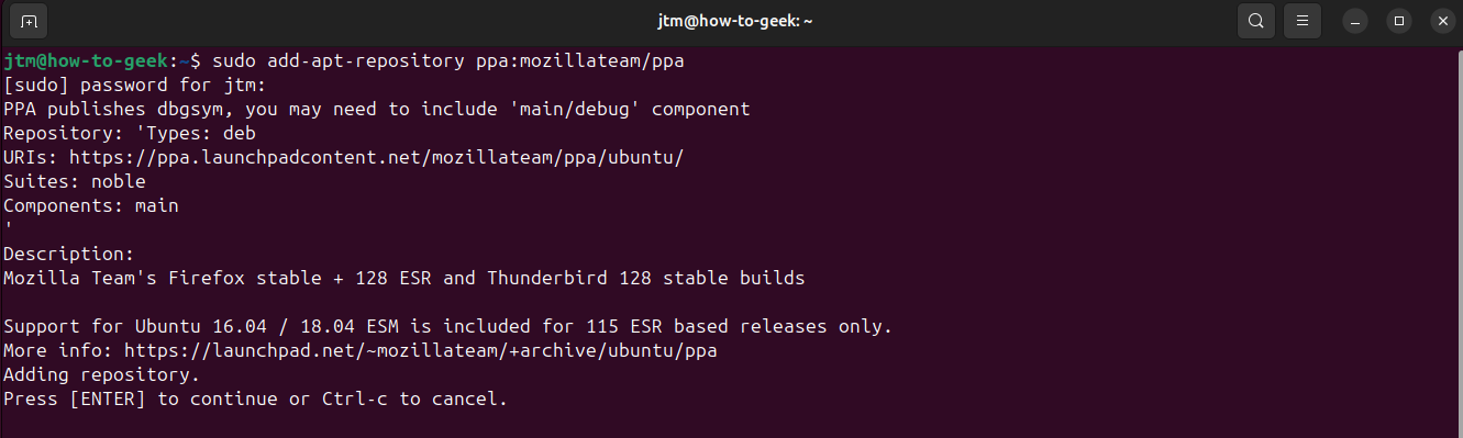 APT を使用して新しい PPA を追加するための確認プロンプトが表示される Ubuntu ターミナル