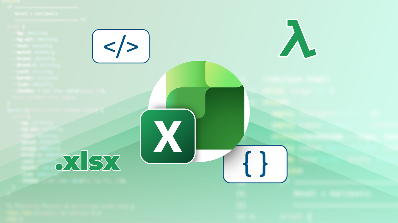 Lambda、コード タグ、中かっこ、拡張子 .xlsx などのフローティング プログラミング シンボルで囲まれた Microsoft Excel のロゴ。