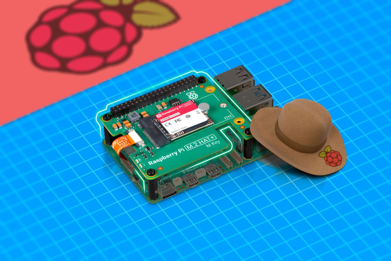 隣に帽子をかぶったRaspberry Pi。
