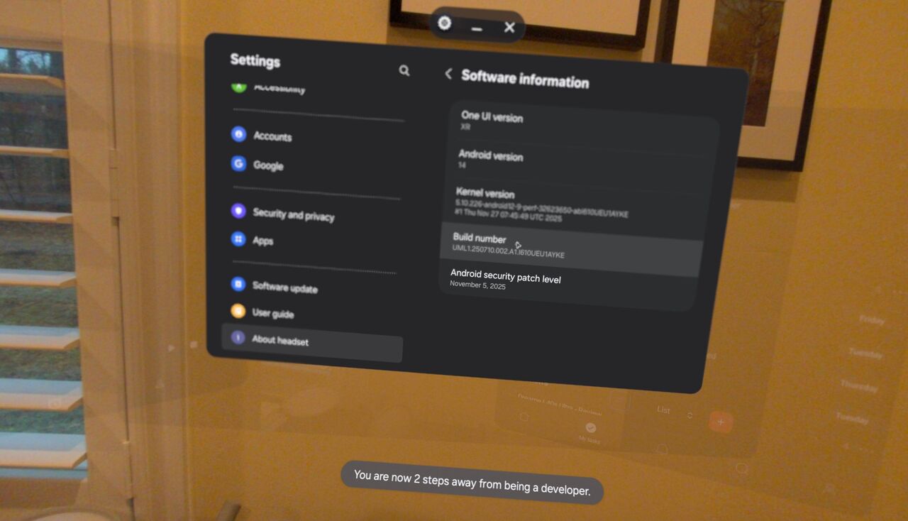 Samsung Galaxy XR ヘッドセットで開発者モードを有効にする。