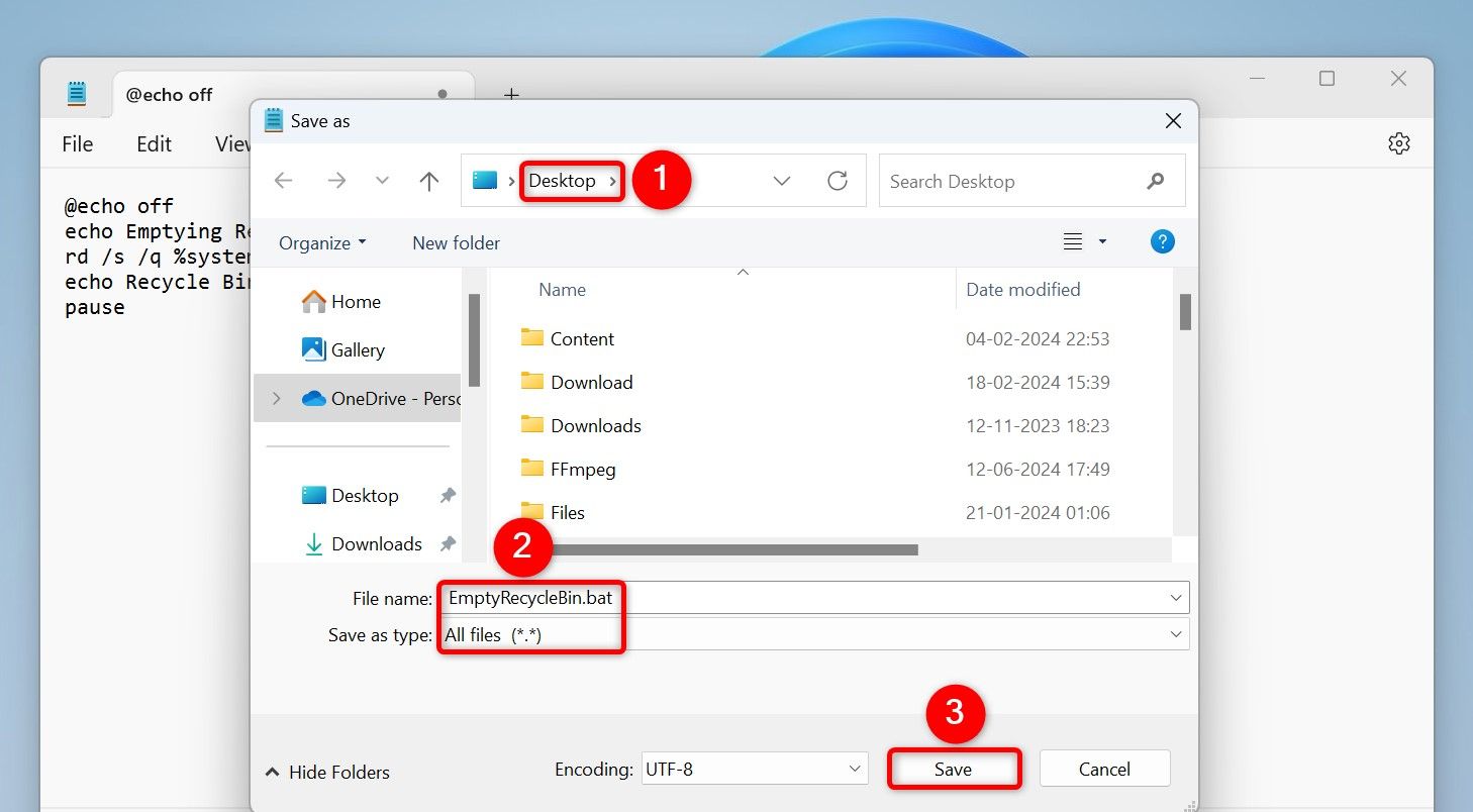 の "名前を付けて保存" バッチファイルを保存するためのダイアログボックス。