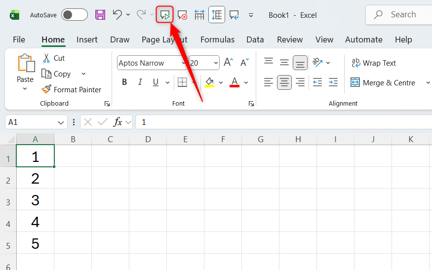 Excel ワークシートのセル A1 から A5 に 1 ～ 5 の数字が入力され、QAT の[セルの読み上げ]ボタンが選択されます。