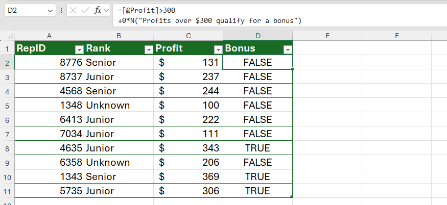 Excel の「より大きい」論理式に +0*N が追加され、式内のコンテキスト コメント用のスペースが作成されます。