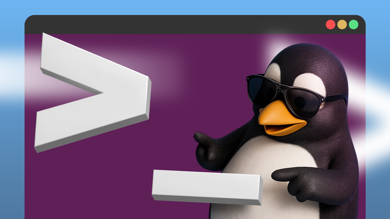 サングラスをかけ、大きな 3D ターミナル シンボルを指している Linux マスコットの Tux です。-1