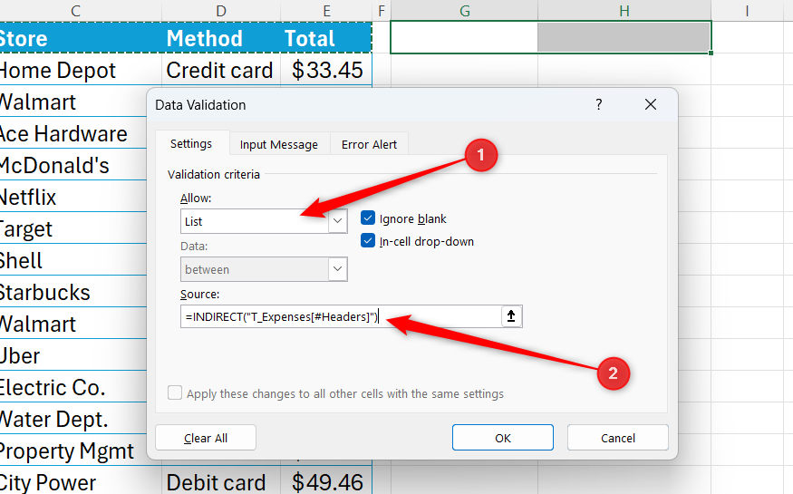 Excel の[データ検証]ダイアログ ボックスでリストが選択され、[ソース]フィールドに INDIRECT 式が入力されます。