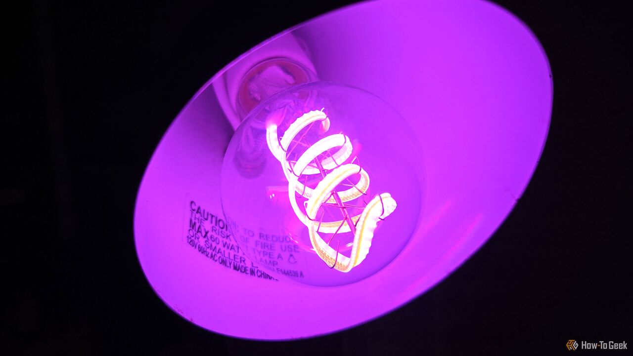 Cync クリア フルカラー スマート電球をランプに直接接続し、紫色に光ります。