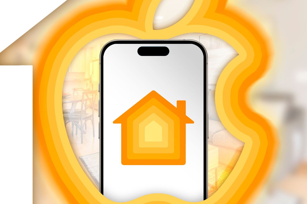 iPhone が浮かび上がる Apple ロゴと Apple HomeKit アイコン。