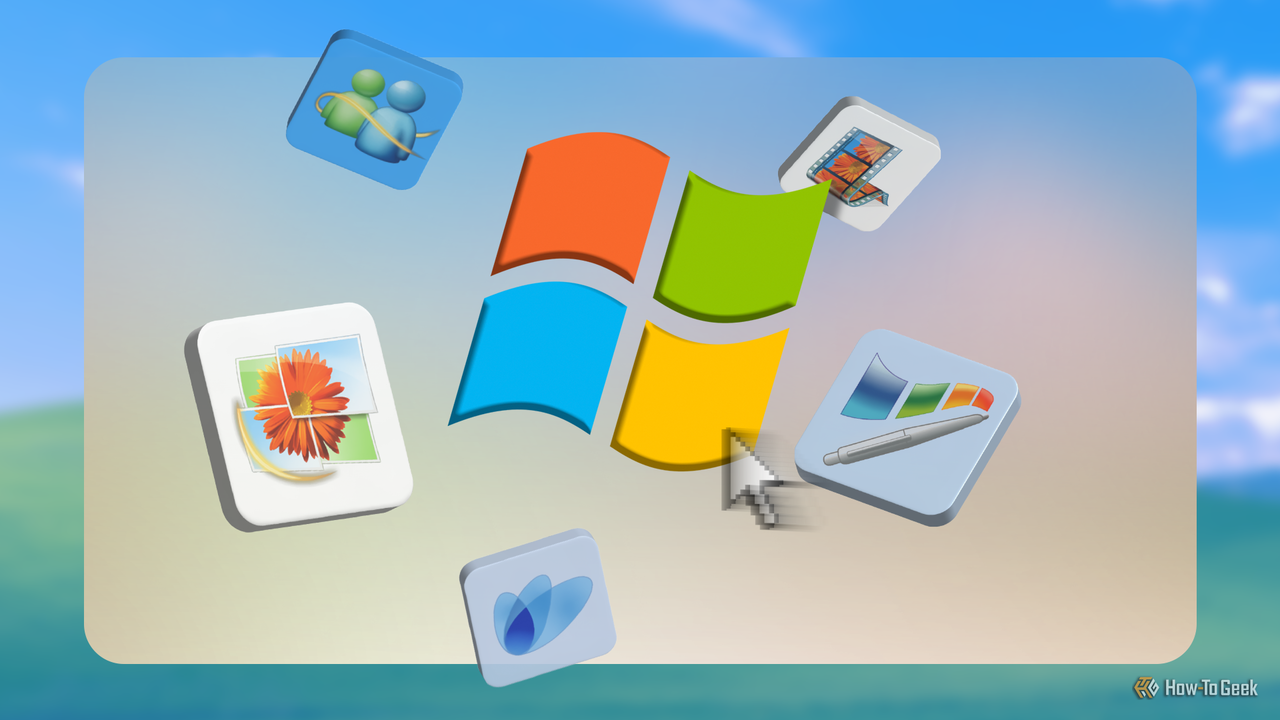 Windows XP の柔らかい背景に、MSN メッセンジャー、エンカルタ、ムービー メーカー、フォト ギャラリーなどのクラシックな Microsoft アプリのフローティング アイコンで囲まれた Windows ロゴ。