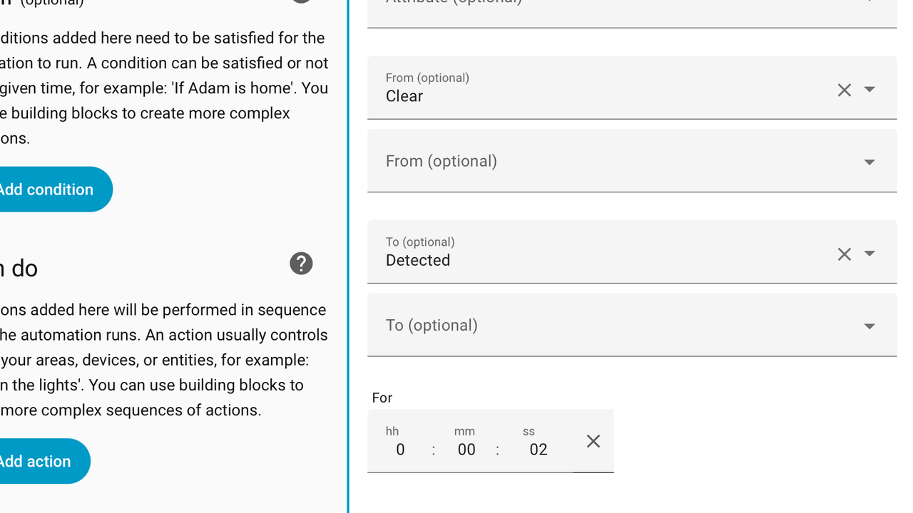 ホーム アシスタント オートメーションのアクション。値は 2 秒に設定されます。