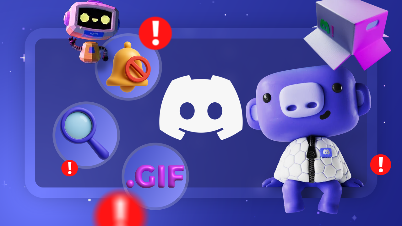 静かなベル、虫眼鏡、GIF アイコンを備えた Discord のマスコットがいくつかの警告標識に囲まれたイラスト。