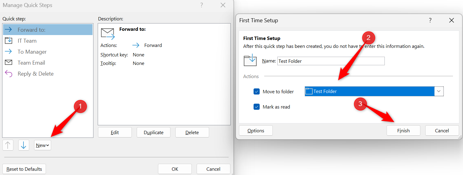 Outlook でのカスタム クイック ステップの設定。
